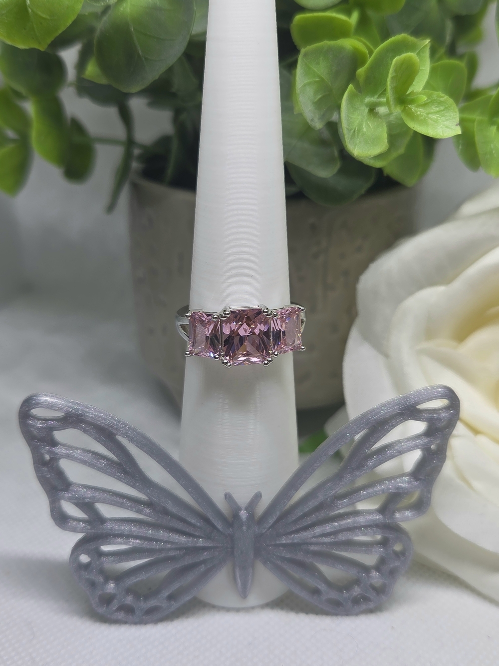 BP Rose Quartz Three-Stone  Ring On Rhodium Plating